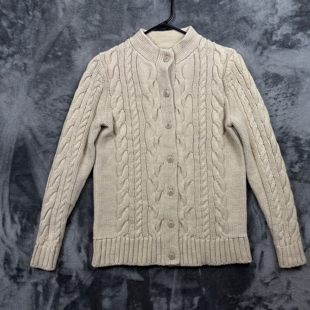 L.L.Bean Cardigan Sweater Womens Medium Beige Cable Knit Cotton Mock Neck 519581